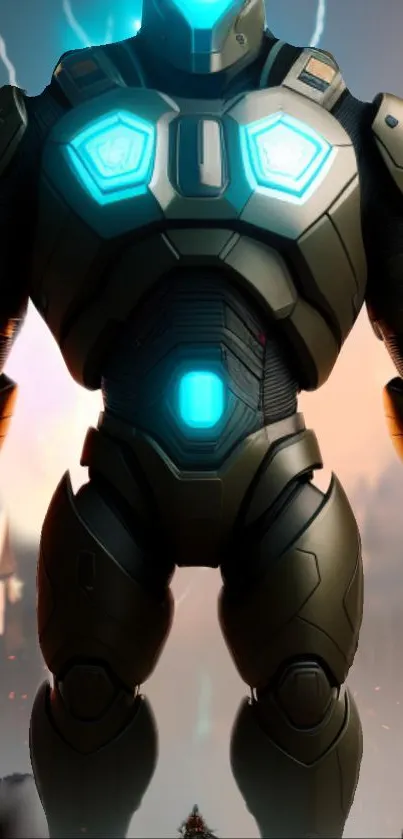 Futuristic robot with glowing blue lights in a tech-themed wallpaper.