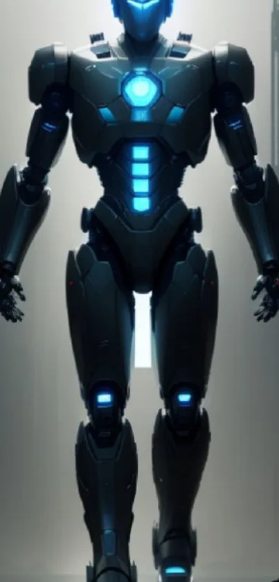 Futuristic metallic robot with blue neon lights standing tall.