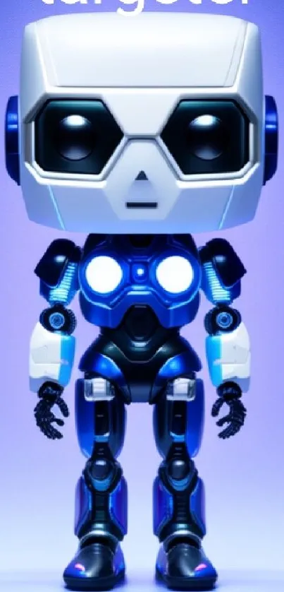 Futuristic robot with a blue glow standing against a vivid background.