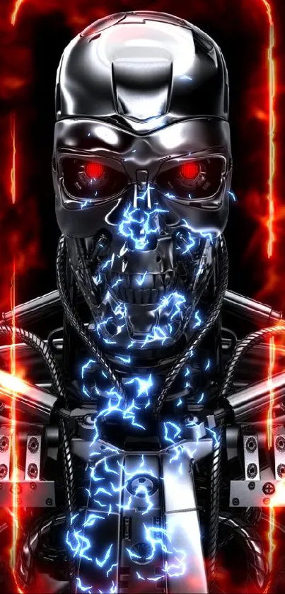 Futuristic robot with red eyes and metallic finish on black background.