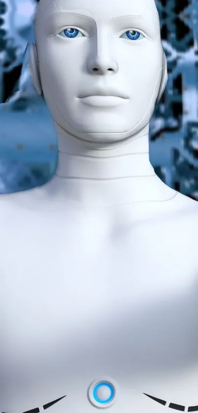 Futuristic robot with blue eyes on a blue-toned digital background.