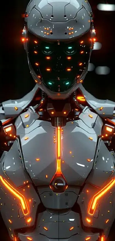 Futuristic robot with glowing orange accents on a sleek gray body.