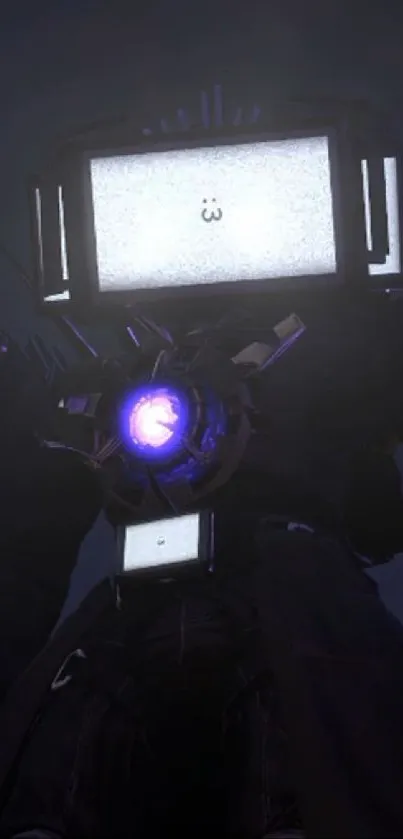 Futuristic robot with glowing elements and digital screens in dark setting.