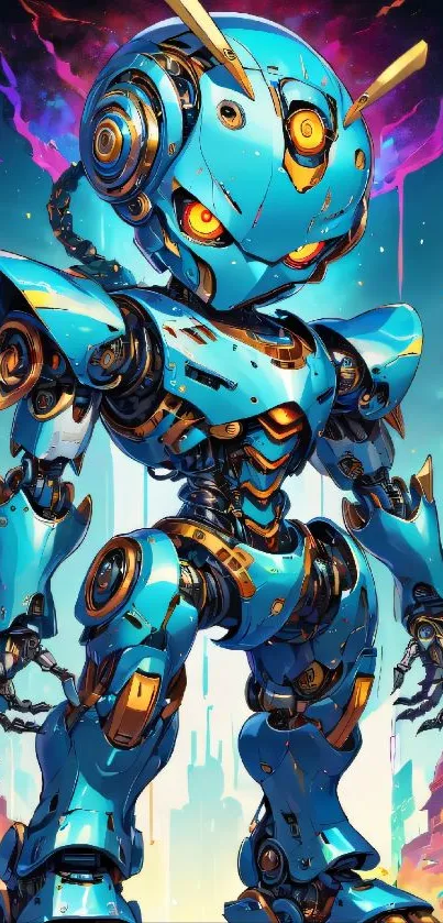 Futuristic blue robot with vibrant background.