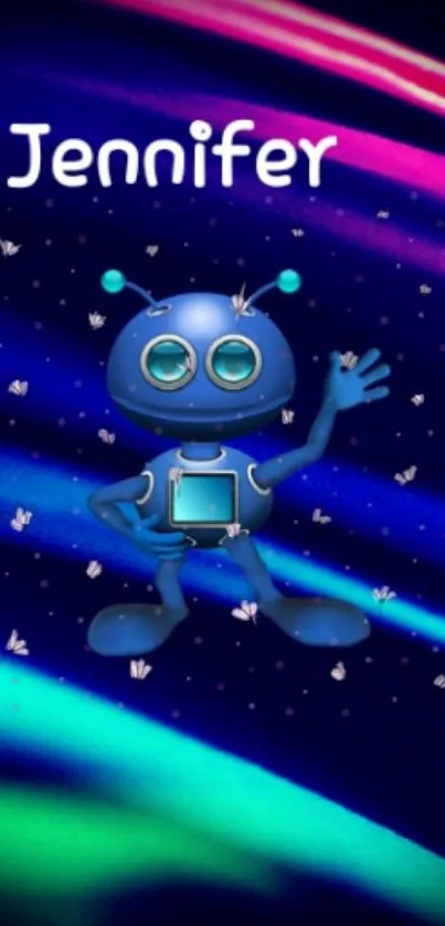 Vibrant blue robot with neon lights on a dark abstract background.