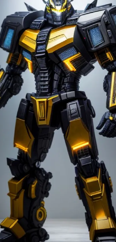 Futuristic robot with glowing yellow and black armor on a sleek background.