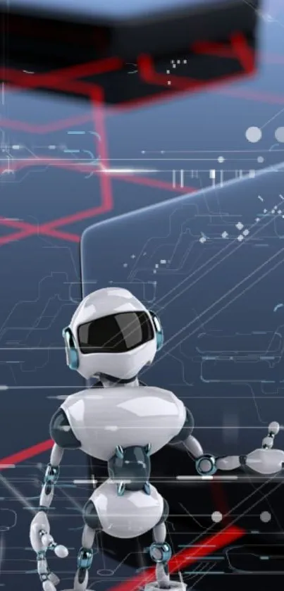 A futuristic robot in a digital cyber setting with a dark blue background.