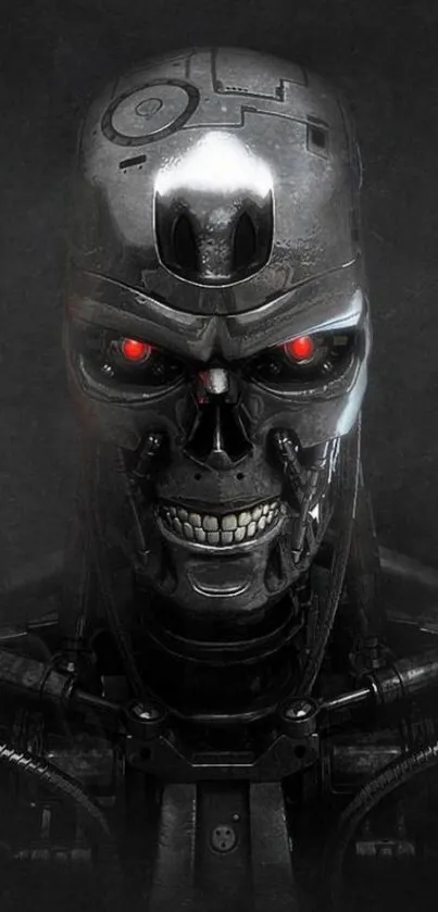 Futuristic robot with glowing red eyes, dark theme wallpaper.