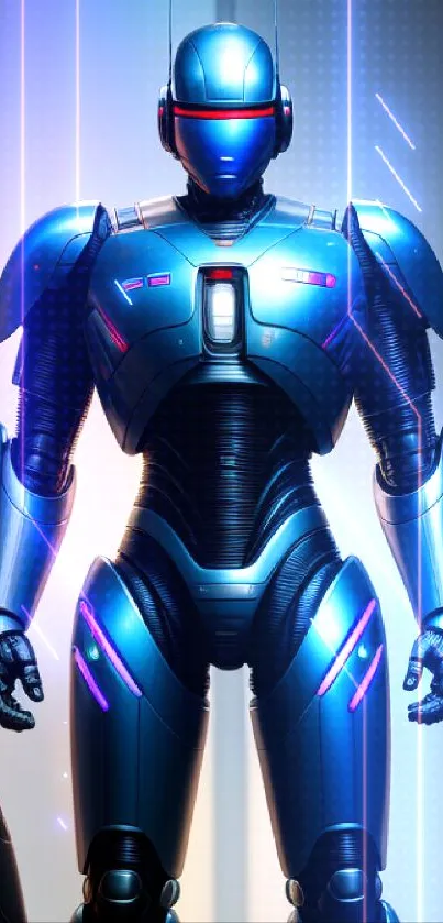 Futuristic robot with neon accents on a blue background.