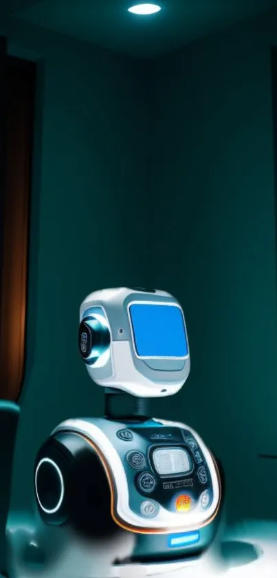 Futuristic robot with digital display glowing in teal ambient light.