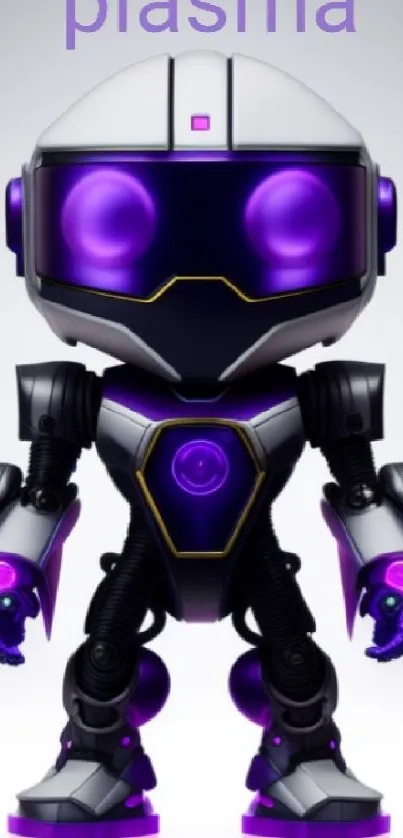 Futuristic robot with glowing purple accents background.