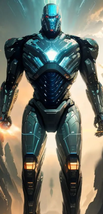 Futuristic robot standing with glowing armor and a sci-fi background.