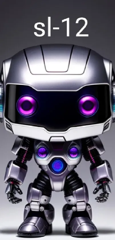 Futuristic robot with metallic and purple design on mobile wallpaper.