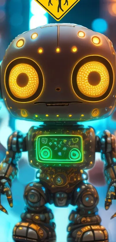 Vibrant futuristic robot with glowing neon eyes and background.