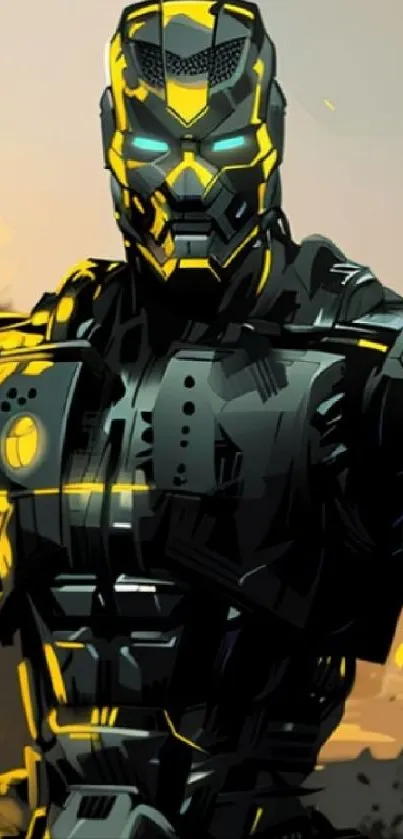 Futuristic robot warrior with glowing yellow details.