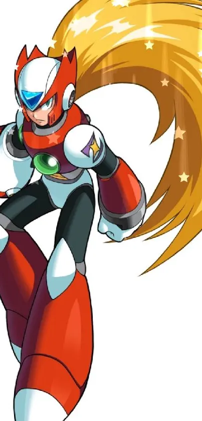 Futuristic robot warrior with red armor and long yellow hair in dynamic pose.