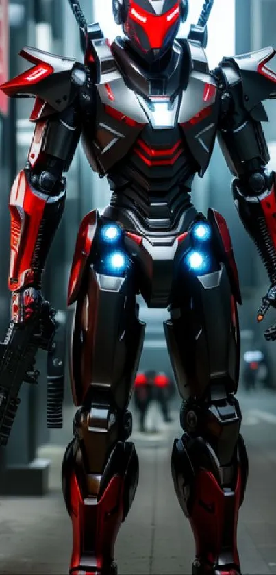 Futuristic robot in red and black armor stands in urban setting.