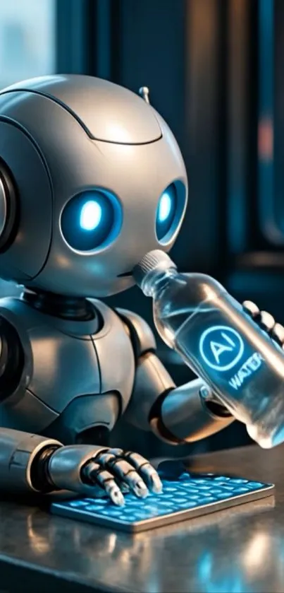 Cute robot with glowing eyes holding AI water bottle.