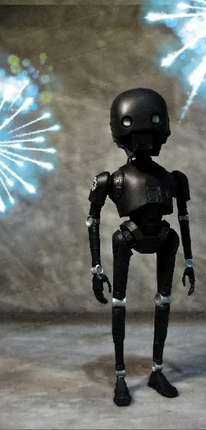 Futuristic robot stands with fireworks in background.