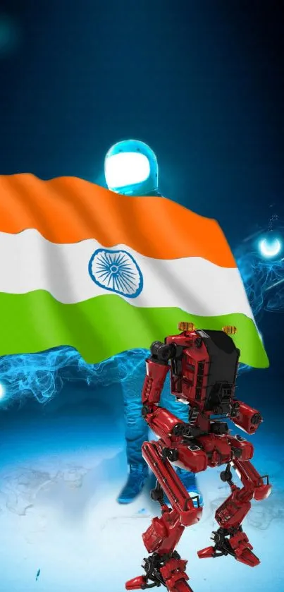 Futuristic robot holding an Indian flag on a blue background.