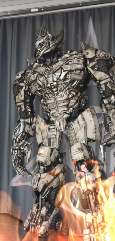 Futuristic robot with flames in background.