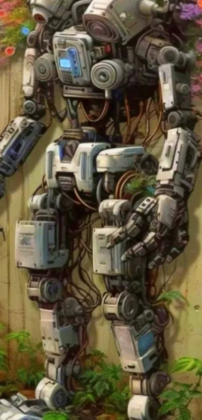 Detailed robot with flowers in garden setting