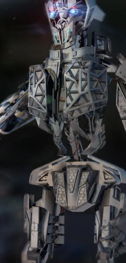 Futuristic robot interacting with a holographic display on a mobile wallpaper.