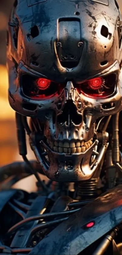 Futuristic metallic robot with glowing red eyes.