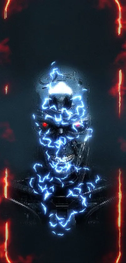 Futuristic robot with glowing red eyes on a dark background.