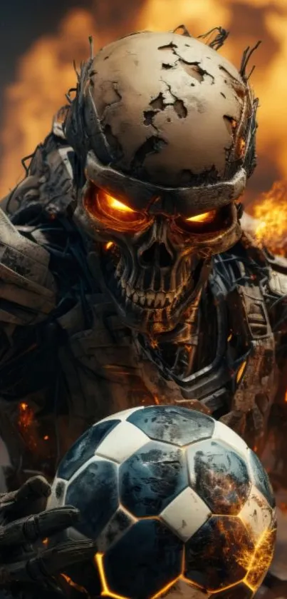 Futuristic robot holding a soccer ball in fiery scene.