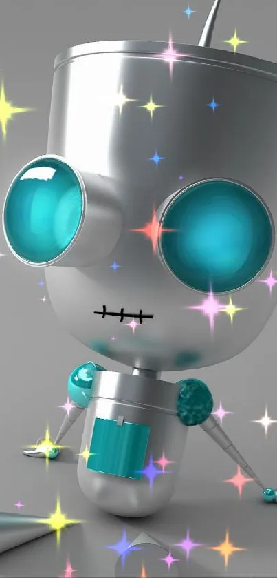 Futuristic robot with teal eyes and metallic finish surrounded by colorful sparkles.