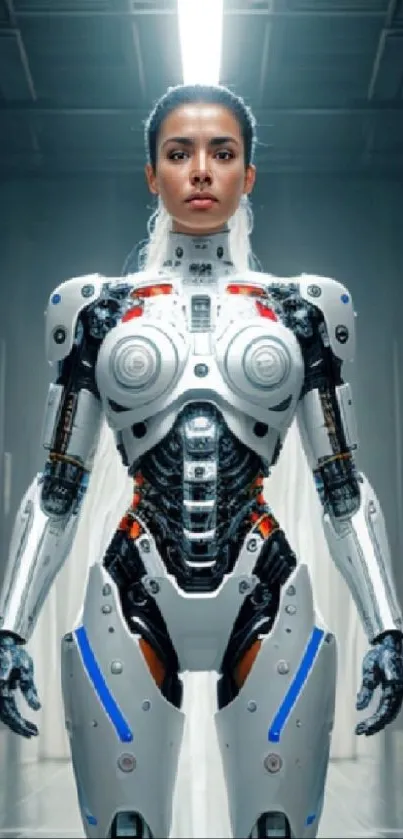 Futuristic robot woman standing in a sci-fi environment.