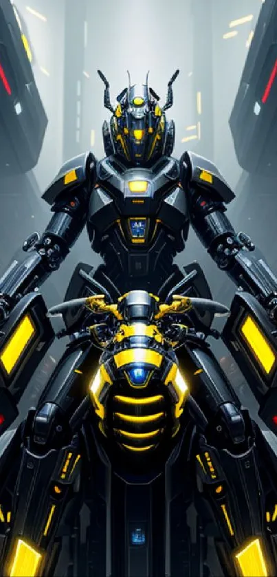 Futuristic robot with yellow accents in high-tech setting.