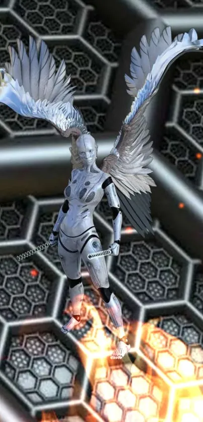 Futuristic robotic angel with wings on hexagonal metallic background.