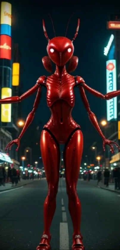 Red robotic ant on a futuristic city street at night.