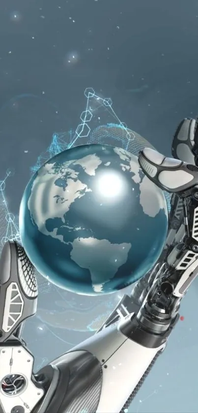 Futuristic robotic arm holding a digital globe on a tech-themed wallpaper.