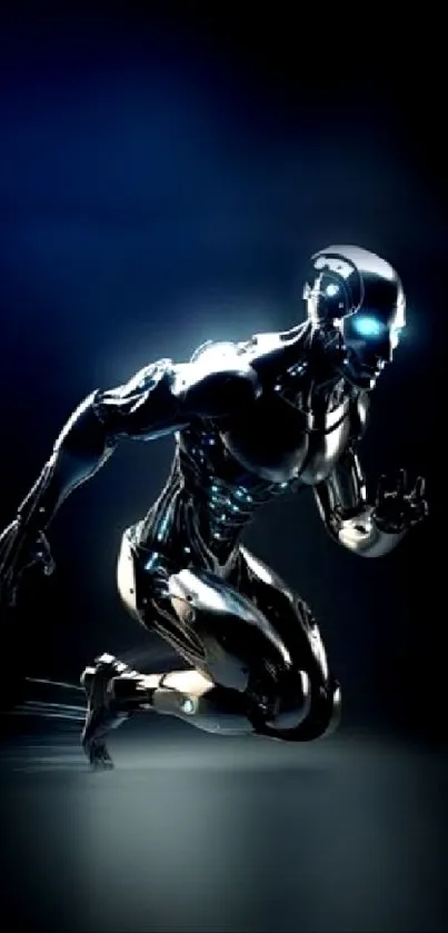 Futuristic metallic android on dark blue background, glowing in motion.