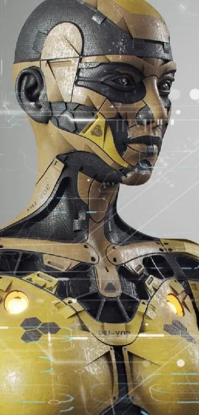 Futuristic android figure with yellow and black design on a gray background.