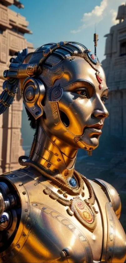 Golden humanoid robot with ancient architecture backdrop.