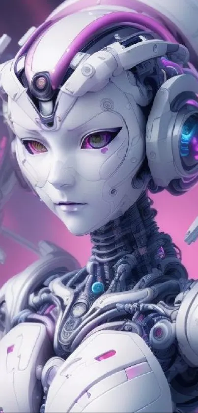 Futuristic robotic figure with purple accents in a cybernetic style.