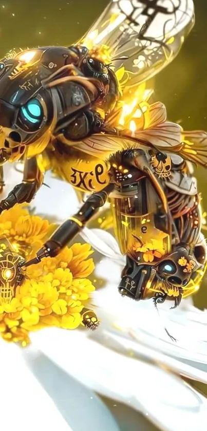 Futuristic robotic bee on a yellow flower.