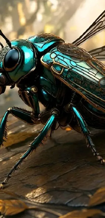 Futuristic digital art depicting a robotic beetle in a forest setting.