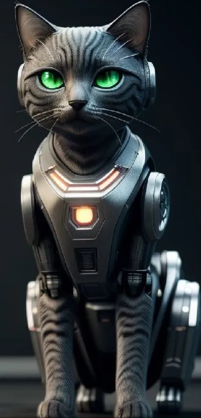 Robotic cat with glowing green eyes, futuristic design on a dark background.