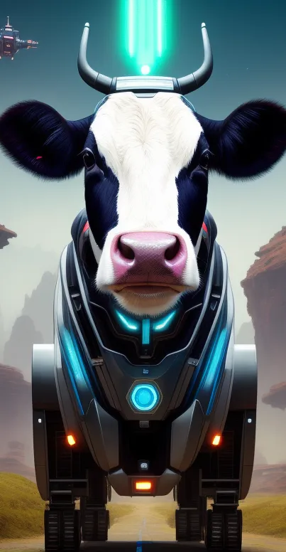 Futuristic robotic cow on a scenic landscape with glowing elements.