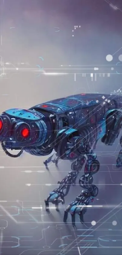 Futuristic robotic creature with bright red eyes on purple background.