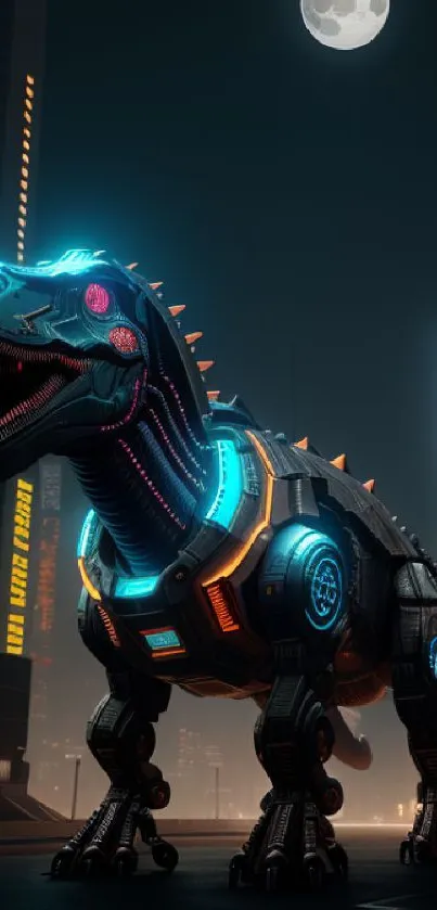 A glowing robotic dinosaur in a futuristic city under the moonlight.