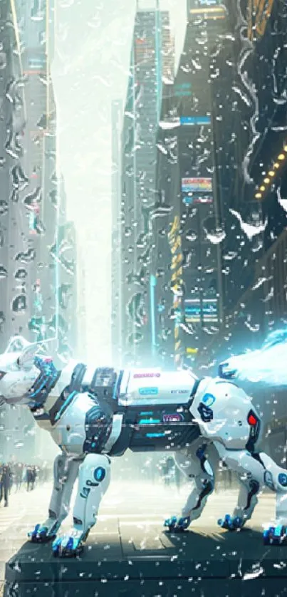 Robotic dog in a futuristic cityscape, vibrant and immersive.