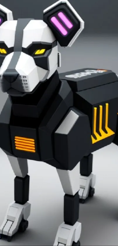 Futuristic robotic dog in black and yellow digital art design.