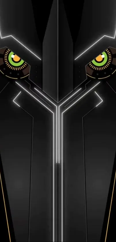 Futuristic black wallpaper with glowing lines and robotic eyes.