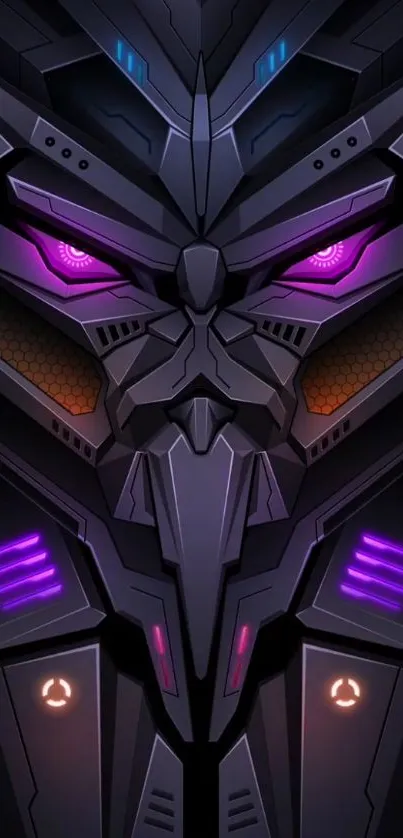 Intricate futuristic robotic face with purple highlights on a dark background.